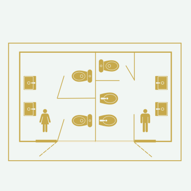 Floor plan showing two separate bathrooms for men and women with four cubicles each.