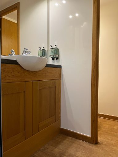 Modern bathroom featuring a sink, wooden cabinetry, and a neutral wall.