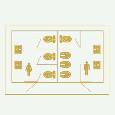 Floor plan showing a layout of a room with seating and two restrooms.