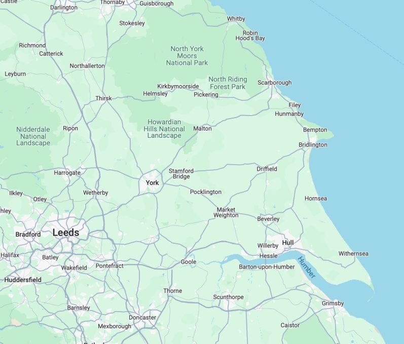 Map showing areas around Hull and the eastern coastline of England.