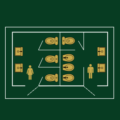 Floor plan showing the layout of men's and women's restrooms with symbols.